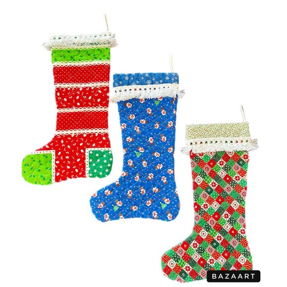 VTG Cottage Core Style Quilted Christmas Stockings - Picture 1 of 4